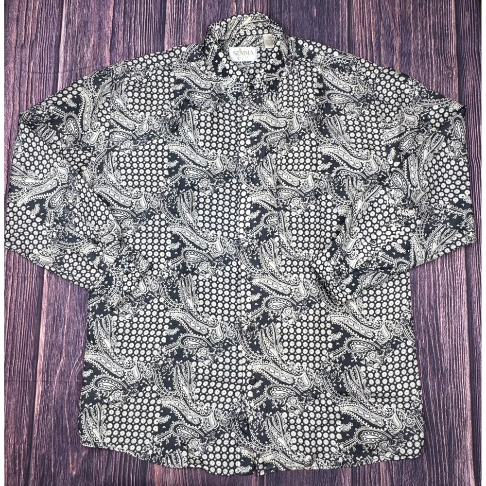 Summa Silk Button Down Shirt M 100% Silk Paisley Boho Luxury Medallion Print